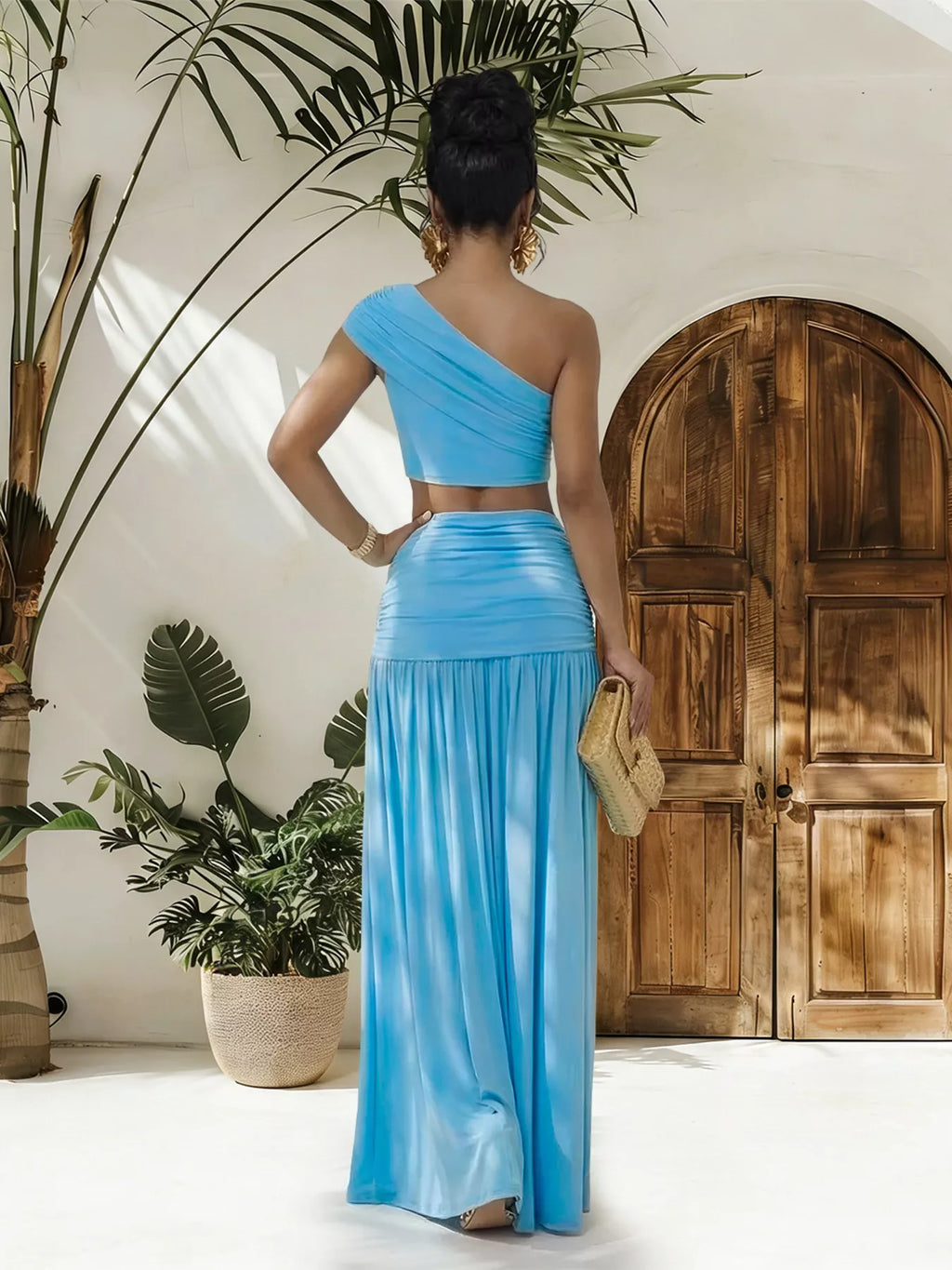 One-Shoulder Top and Ruched Maxi Skirt Set
