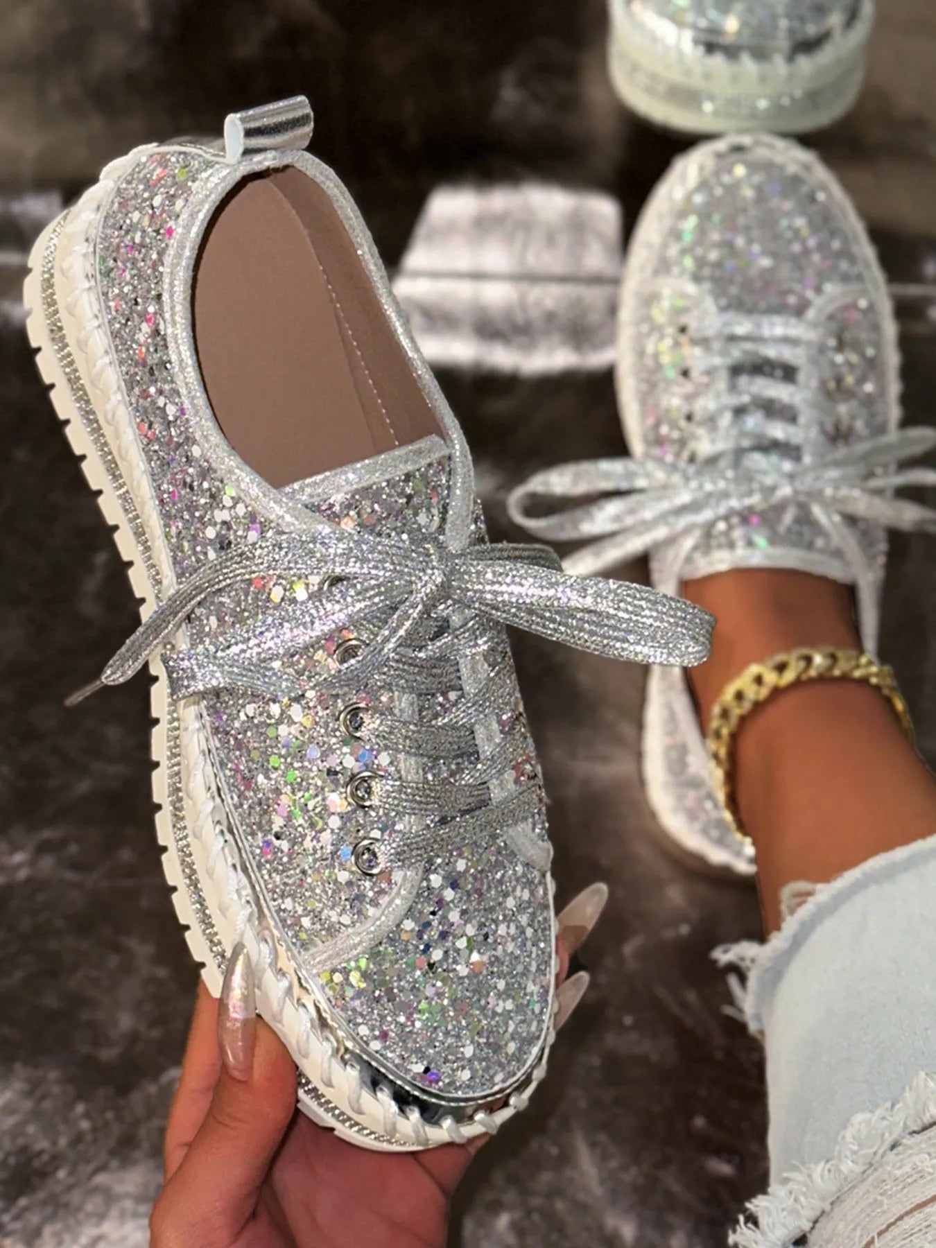 Metallic PU Leather Lace Up Platform Sneakers