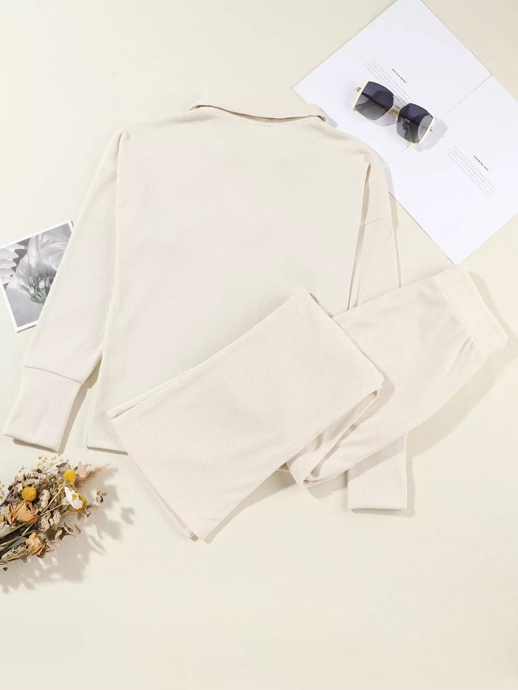 Collared Split Neck Ribbed 2pcs Outfit Set