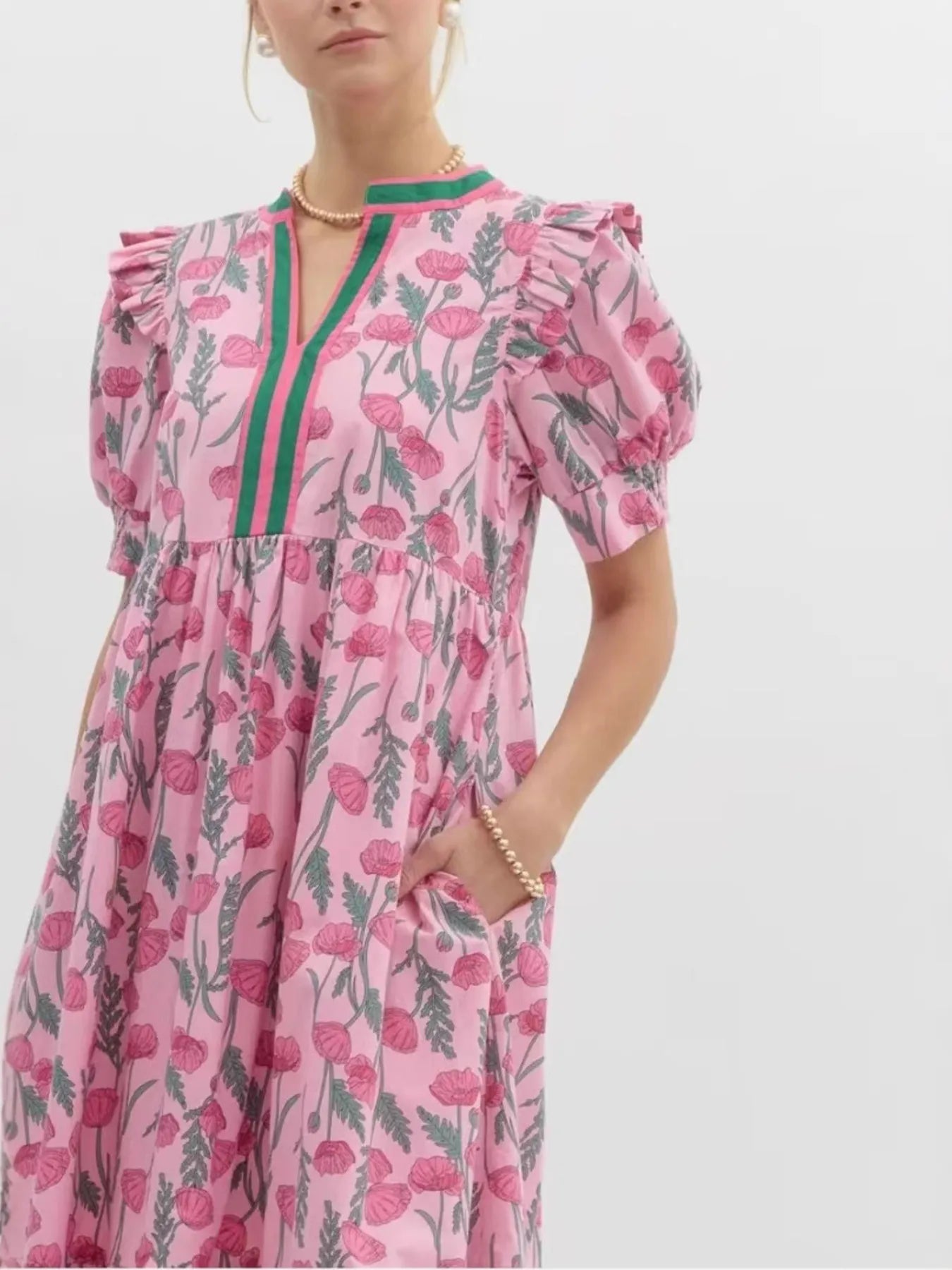 Floral Puff Sleeve Midi Dress with Contrast Trim