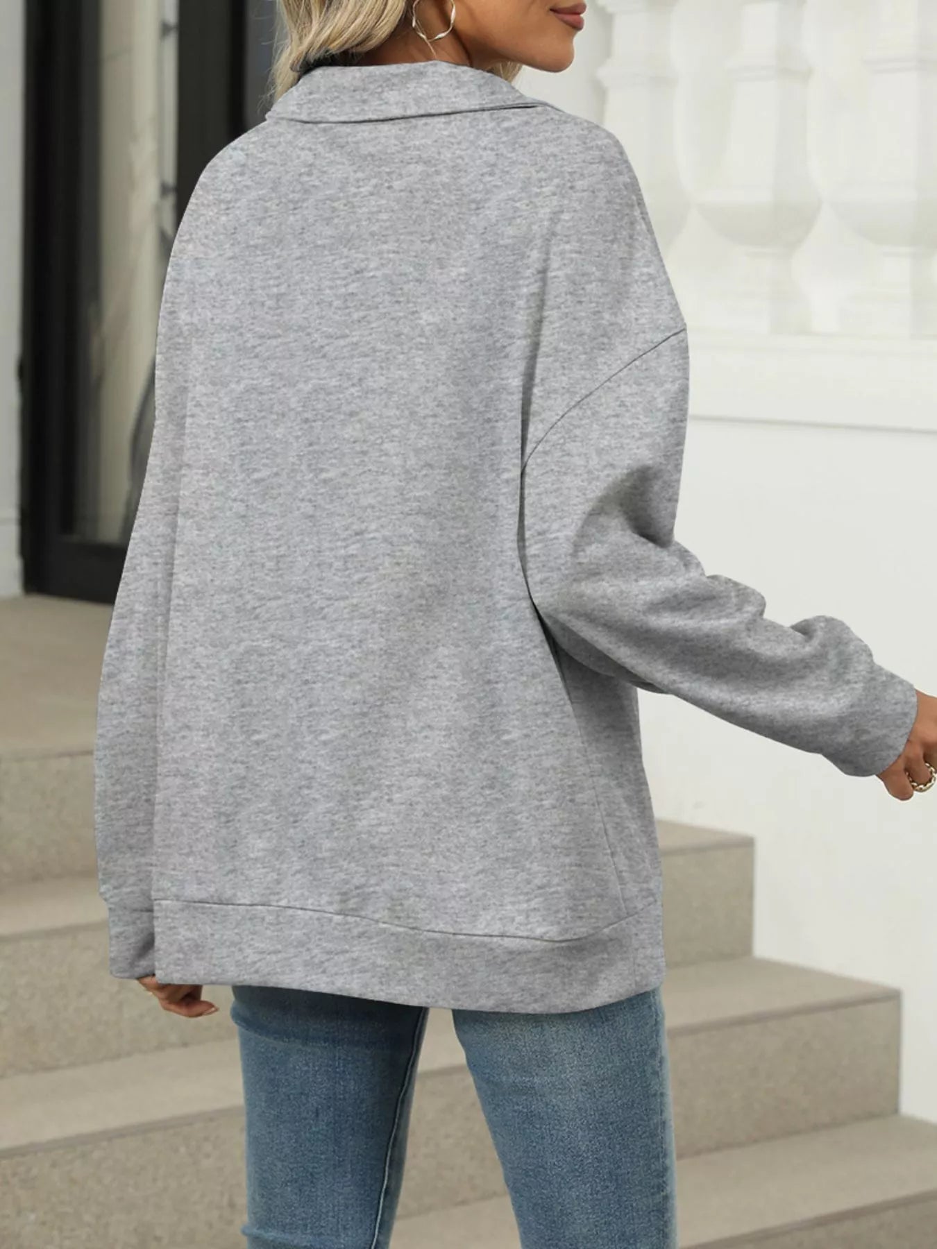 Johnny Collar Drop Shoulder Long Sleeve Sweatshirt