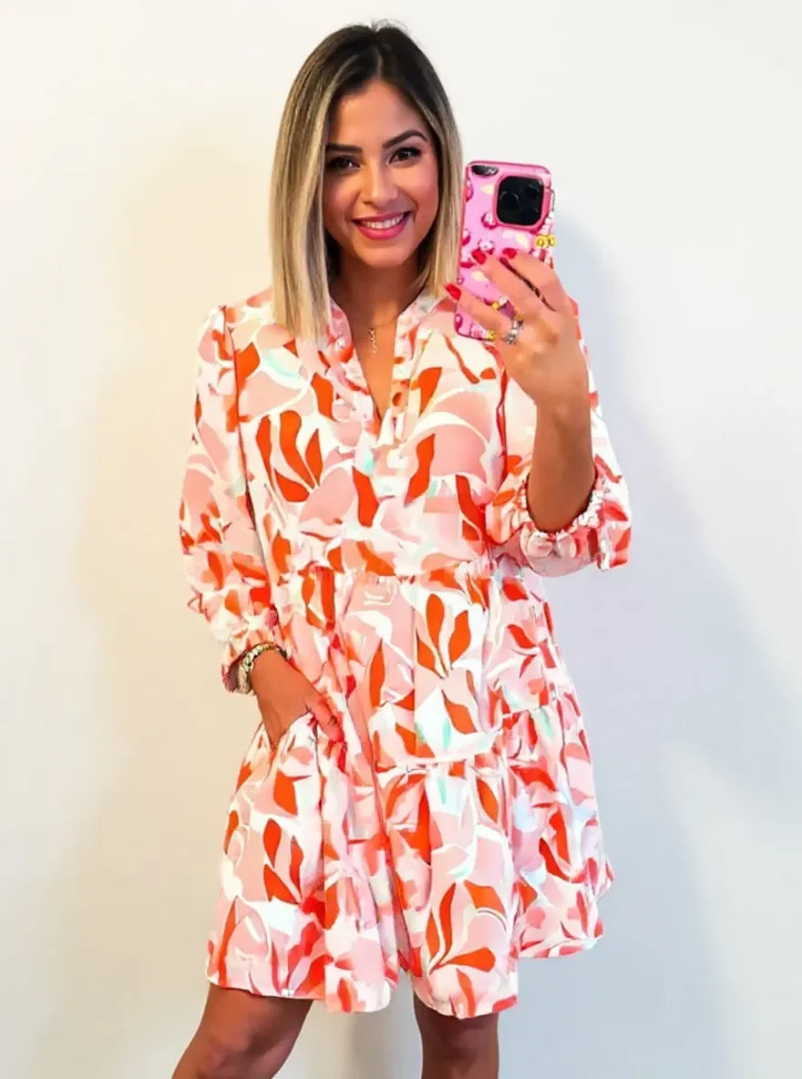 Printed Notched Long Sleeve Dress
