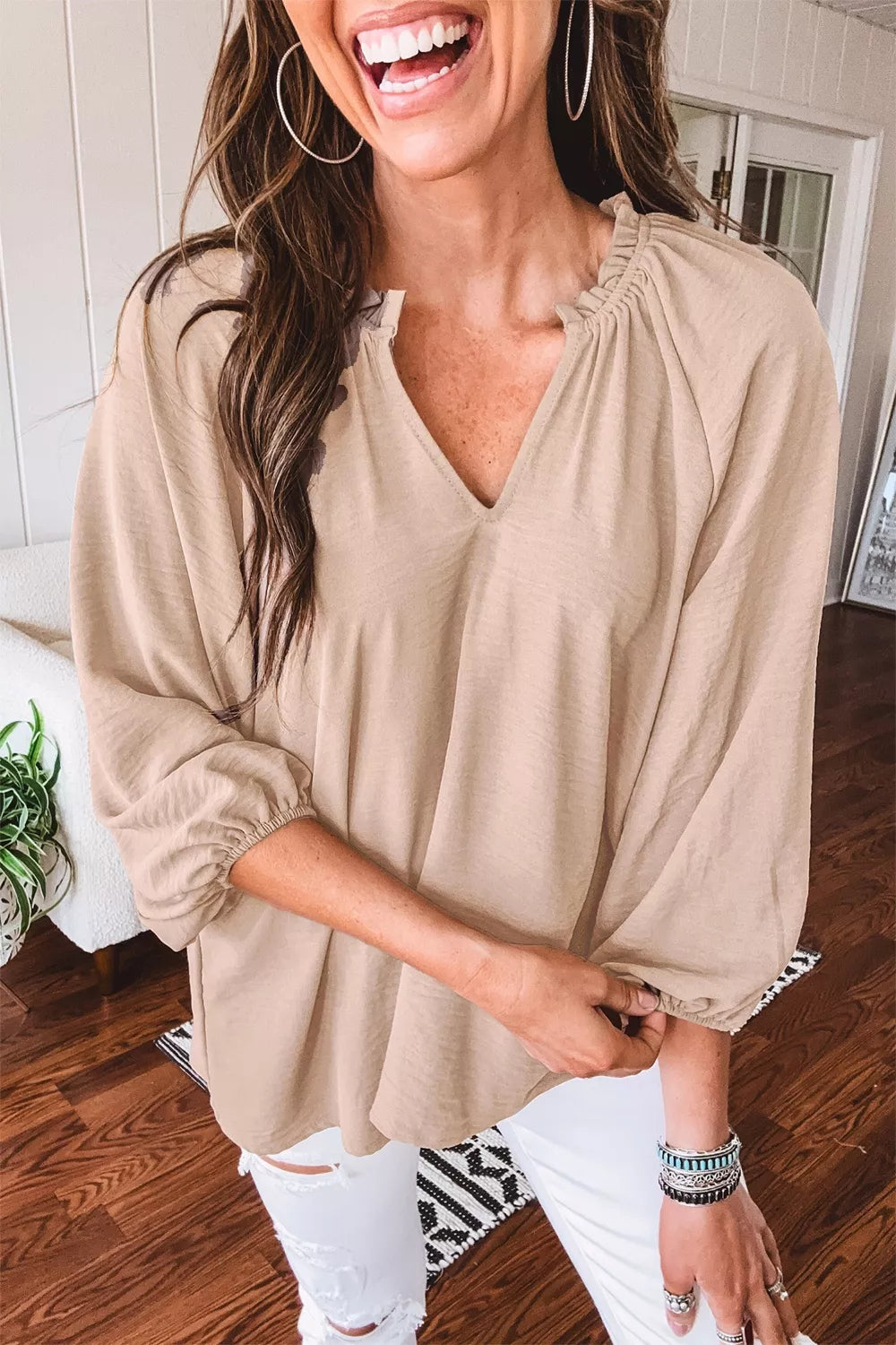 V Neck Gathered Cuff Three Quarter Sleeve Blouse