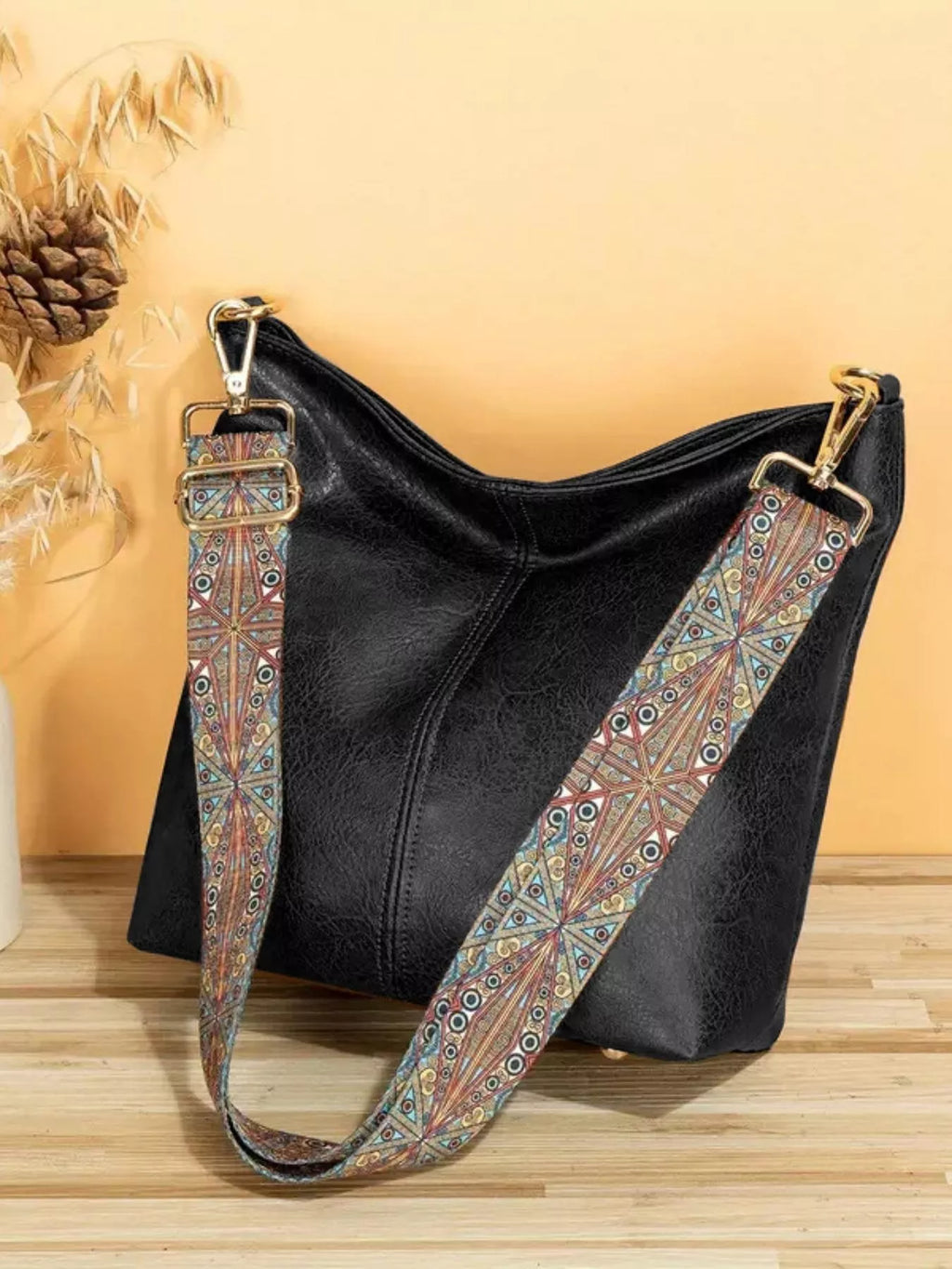 PU Leather Crossbody Bag with Patterned Strap