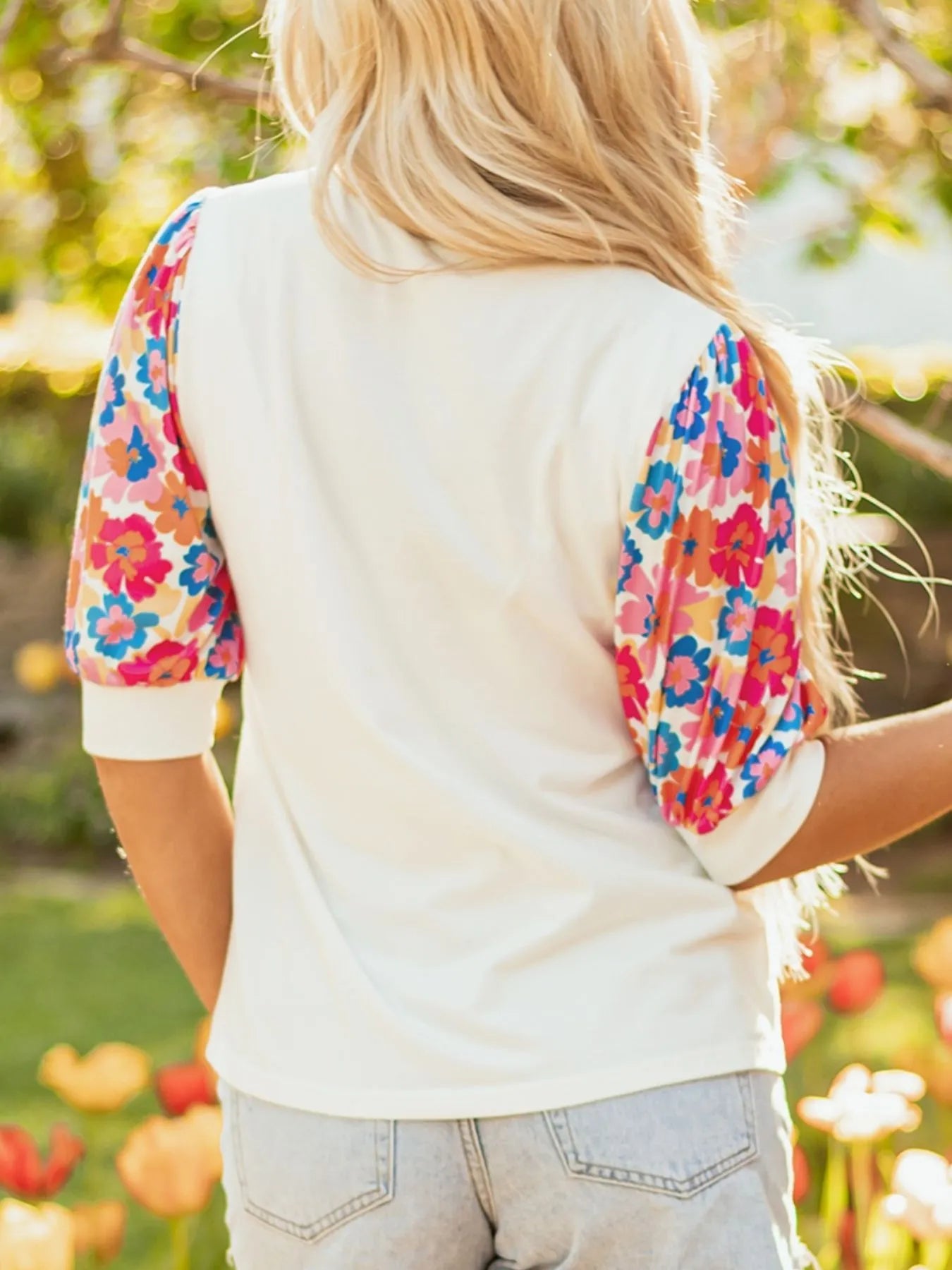 Floral Puff Sleeve Round Neck T-Shirt