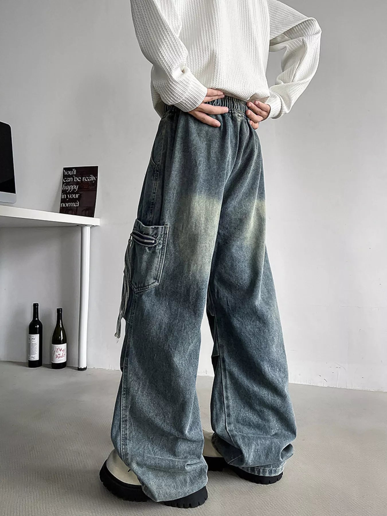 Men's Plus Size Loose Fit Cargo Jeans with Drawstring