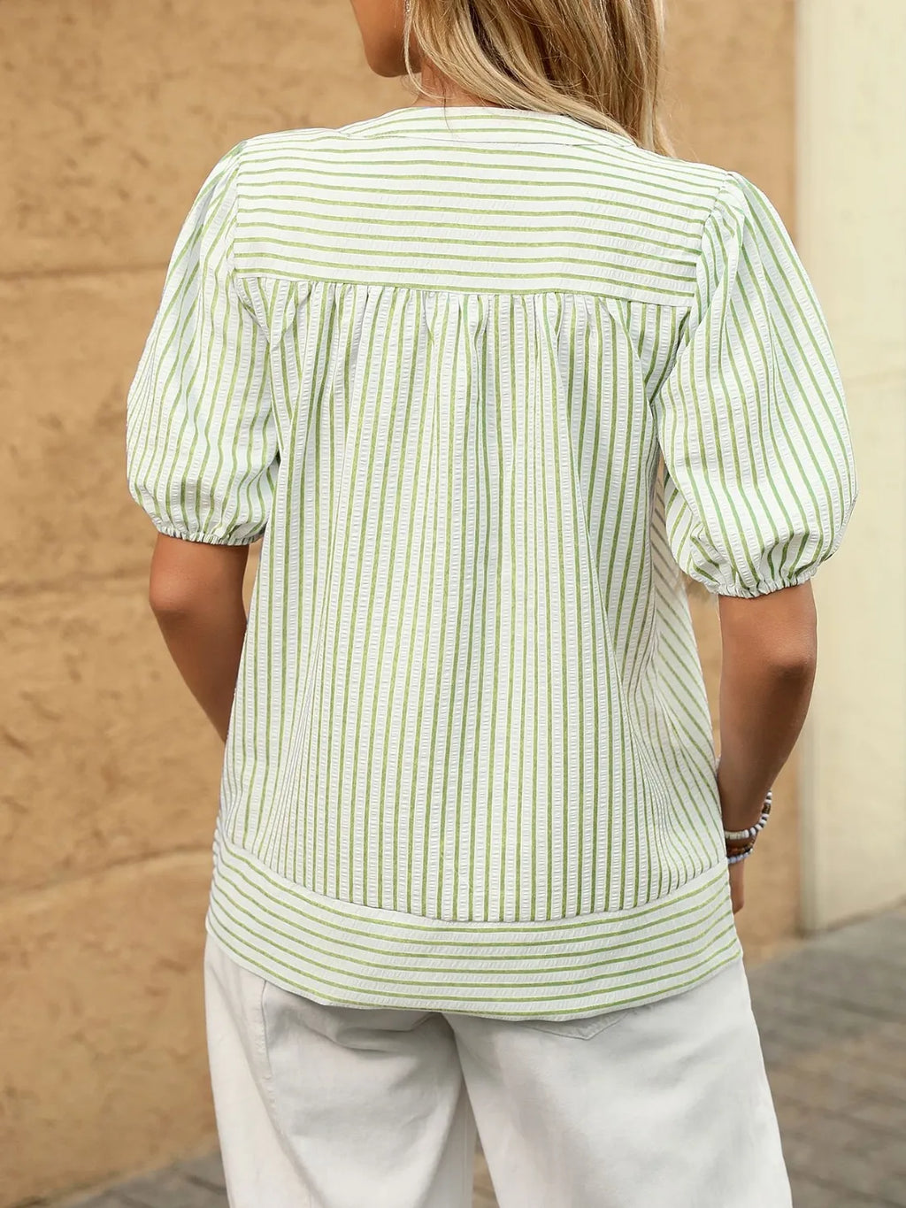 Striped Notched Puff Sleeve Blouse