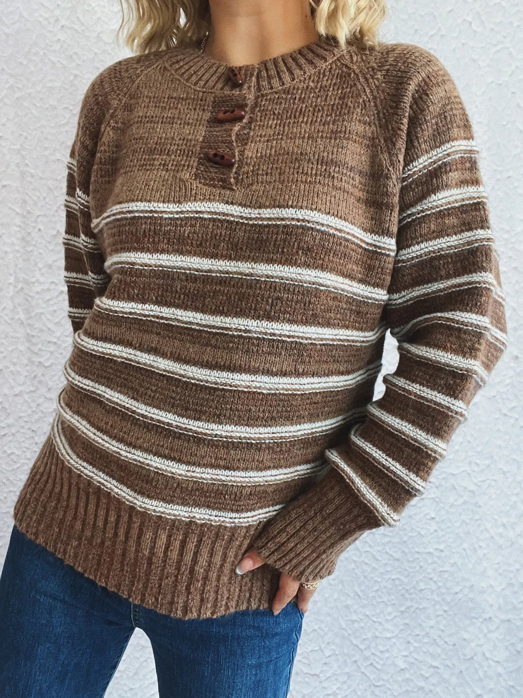 Striped Button Detail Long Sleeve Sweater