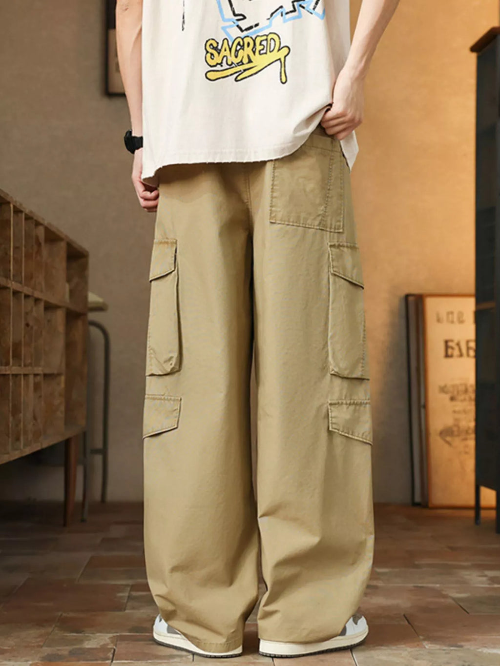 Men's Plus Size Loose Fit Cargo Pants with Drawstring