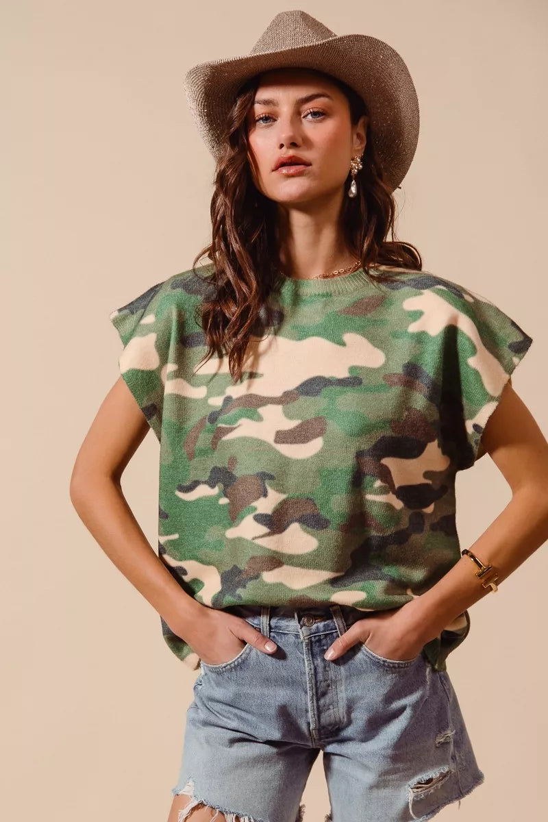 SO ME Camouflage Print Dolman Soft Sweater Top