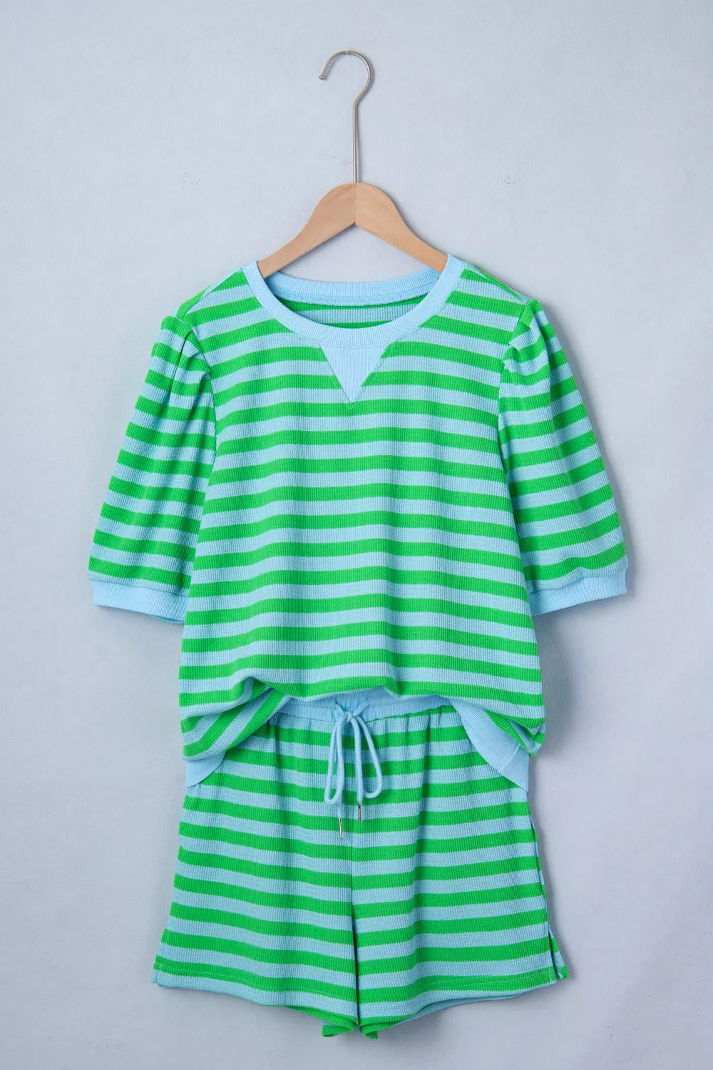 Stripe Colorblock Detail Puff Sleeve Top Drawstring Shorts 2pcs Outfit