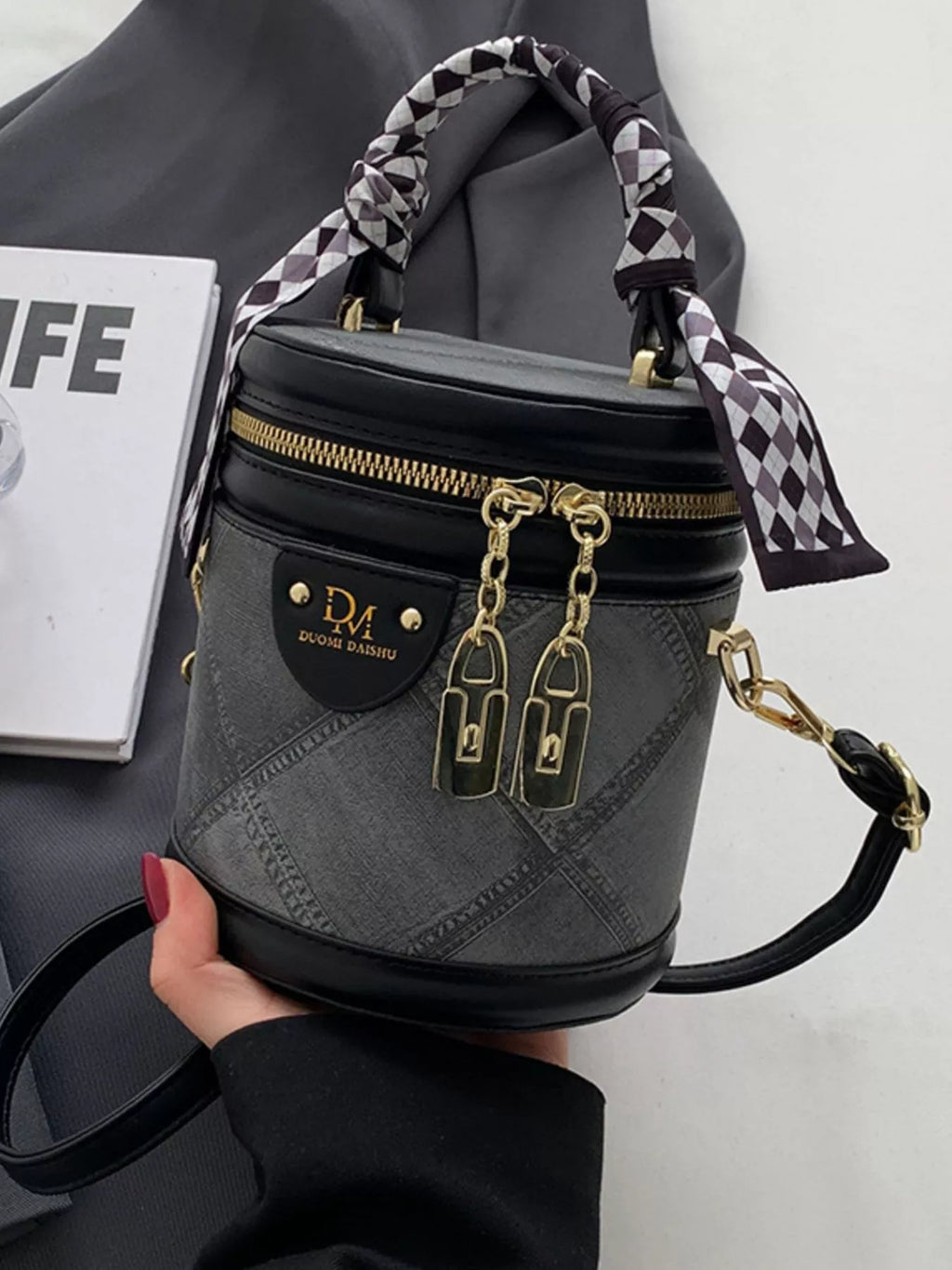 Bucket Crossbody Bag with Scarf Accent