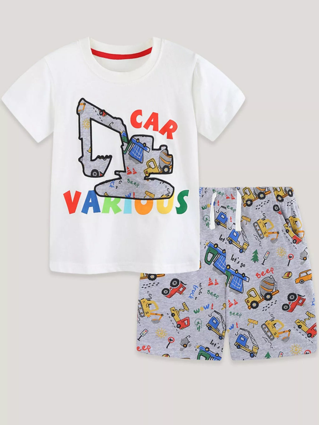 Children's Cartoon Car Print Short Sleeve Tee and Shorts Set