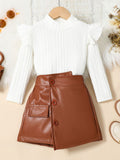Children's Ribbed Knit Top and Leather Skirt Set
