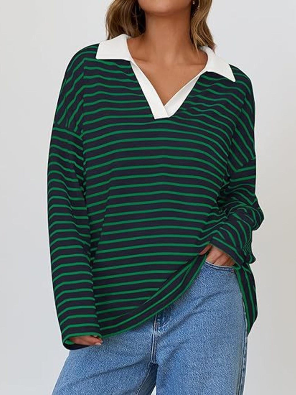 Striped Contrast Collar Long Sleeve Top