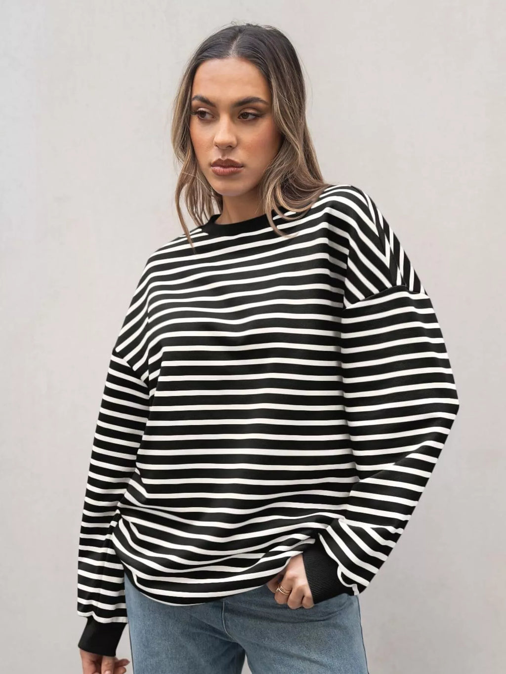 Striped Round Neck Oversized Casual Sweatshirt