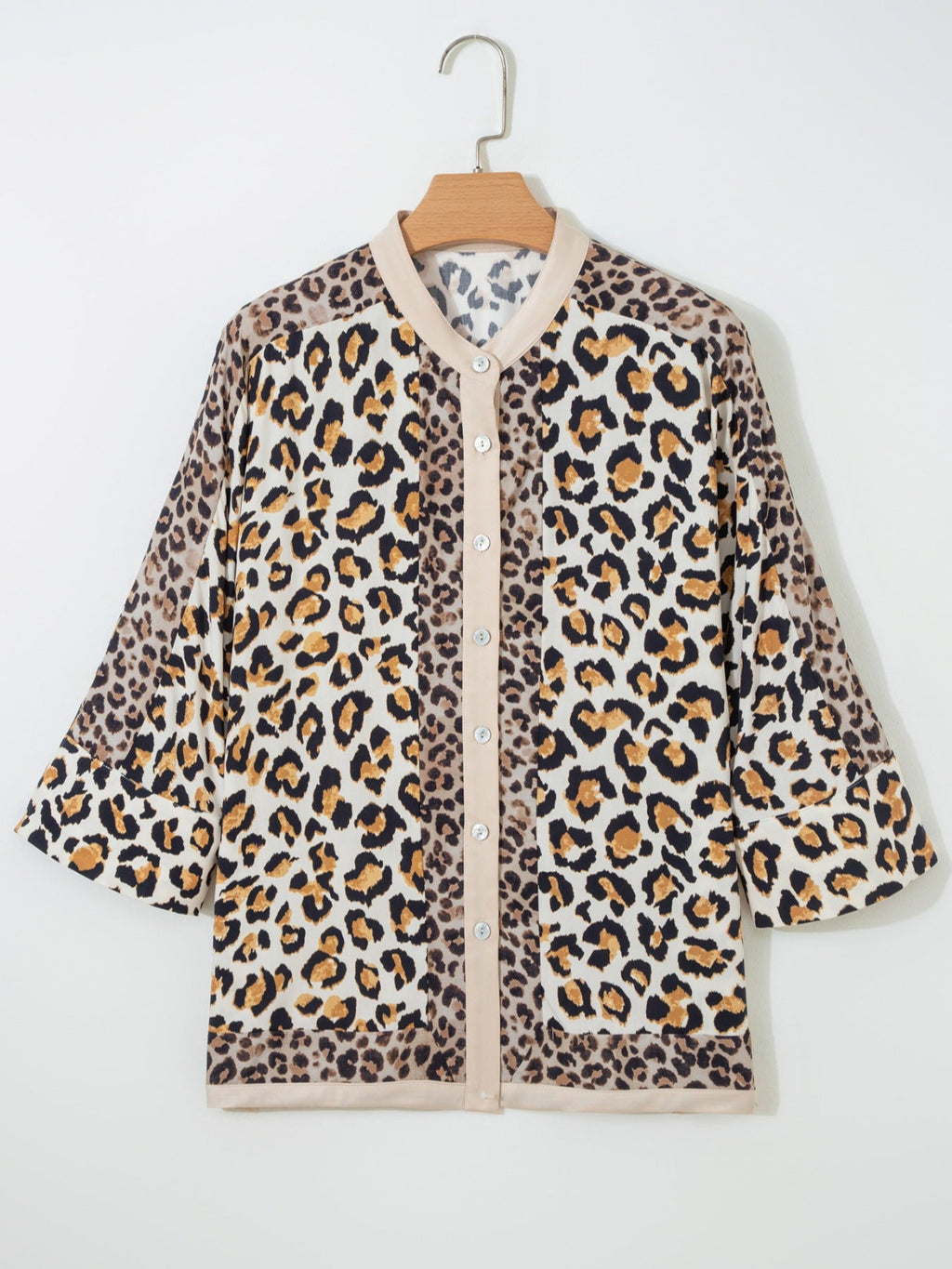 Mixed Leopard Patchwork 3/4 Sleeve Loose Shirt