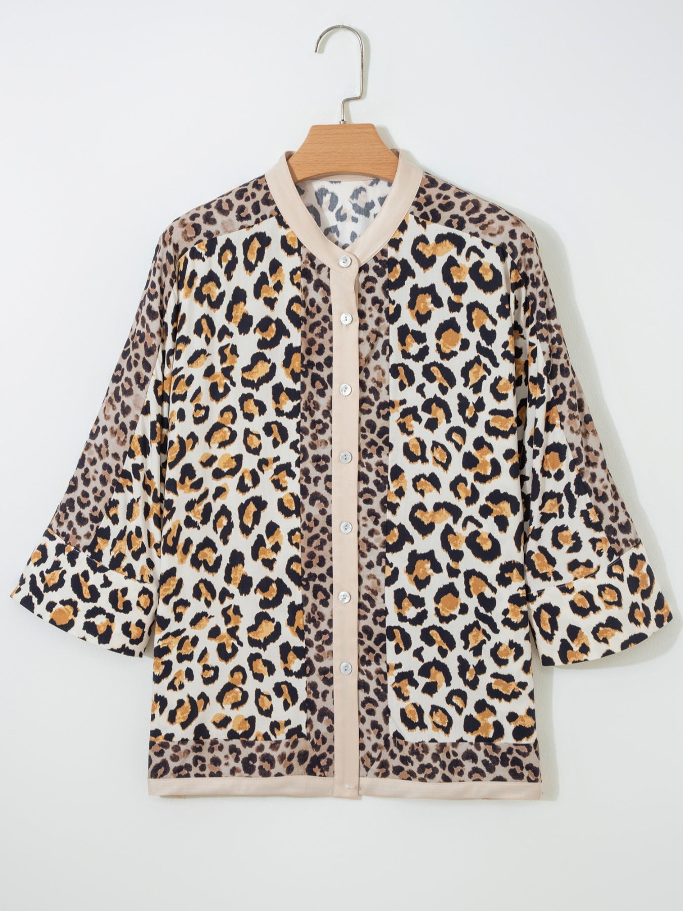 Mixed Leopard Patchwork 3/4 Sleeve Loose Shirt