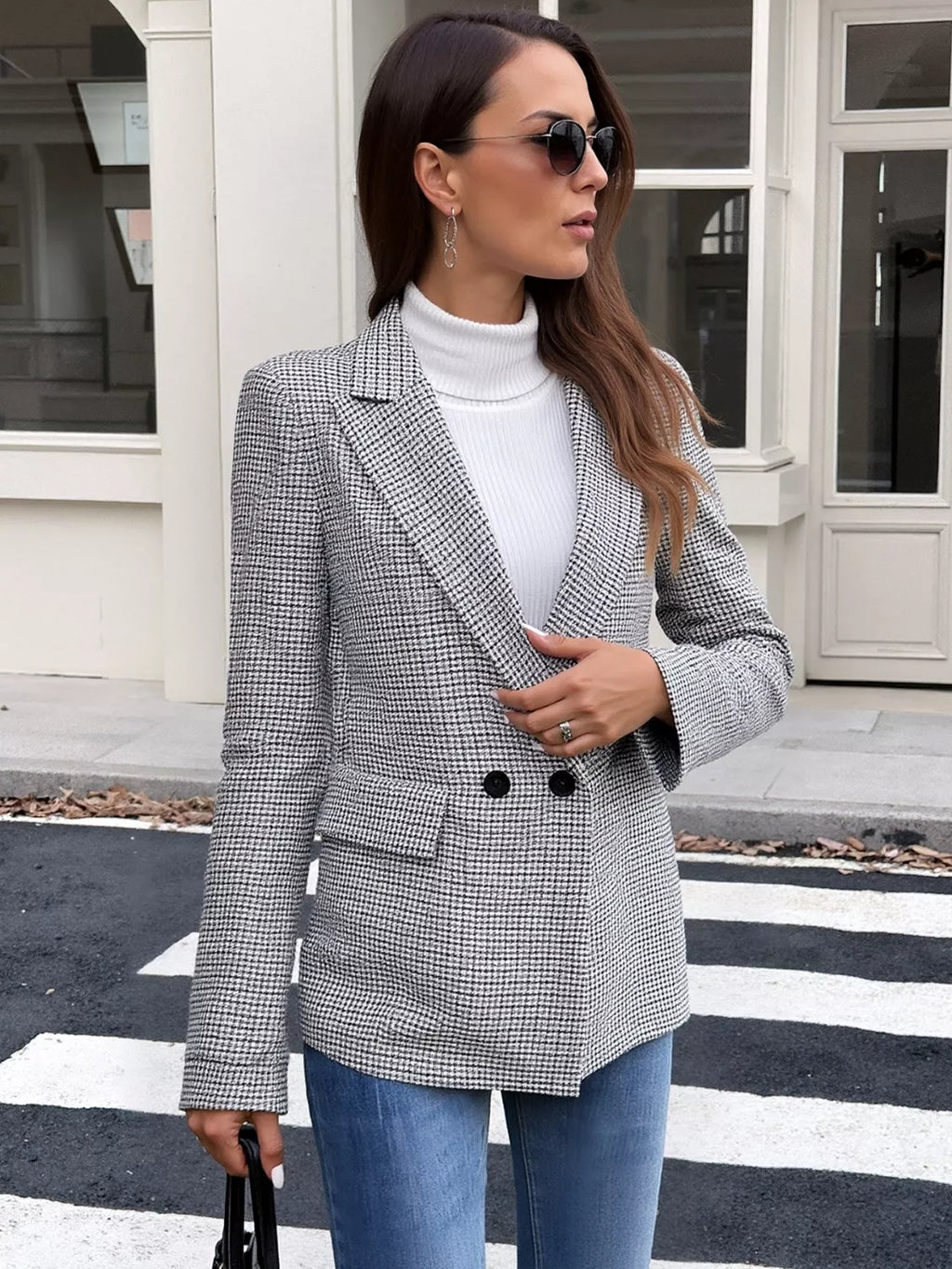 Houndstooth Patterned Double-Breasted Blazer