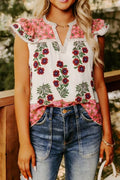 Floral Print Contrast Striped Trim Flutter Cotton Blouse