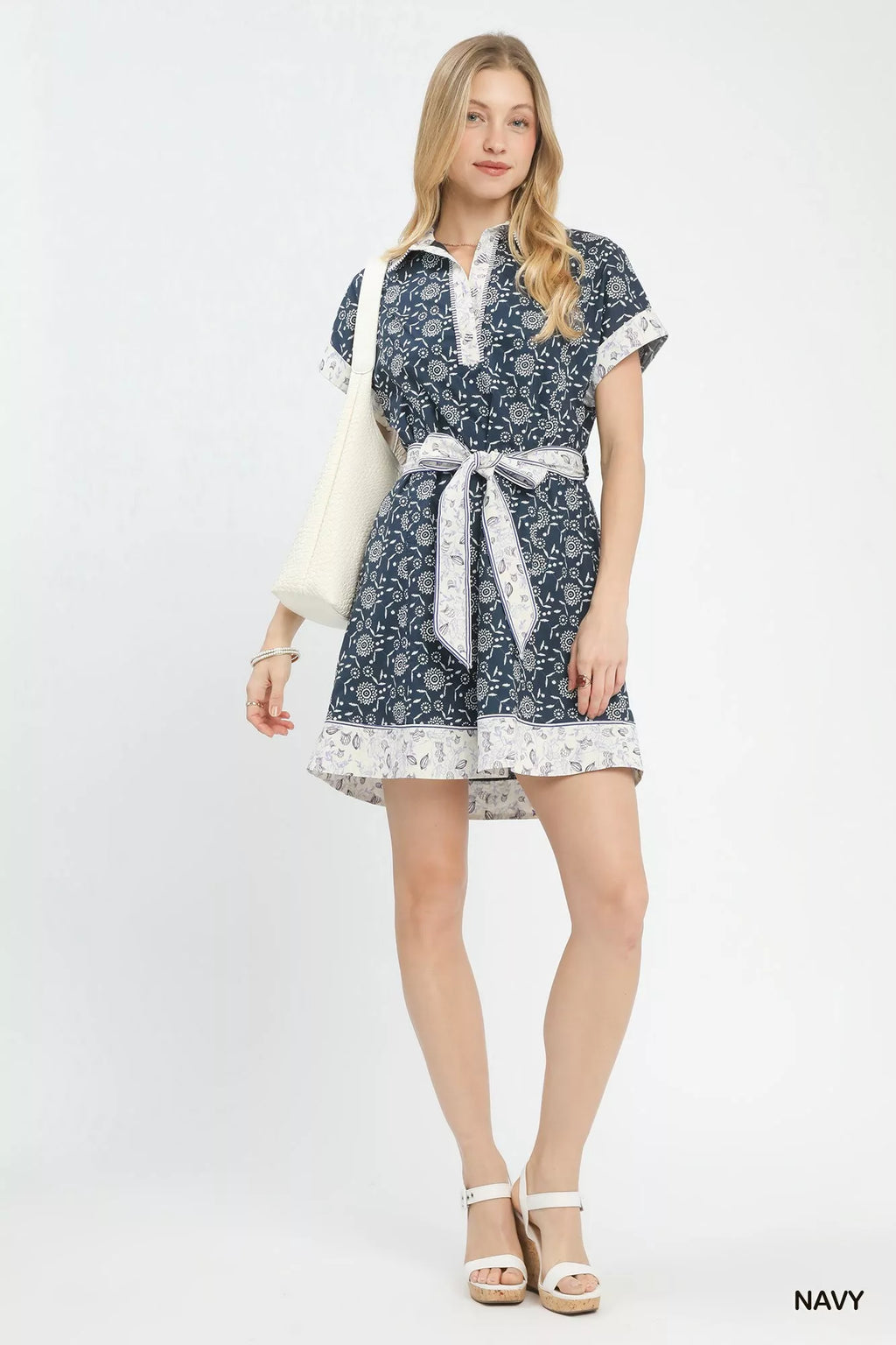 Umgee Border Print Belted Shirt Dress