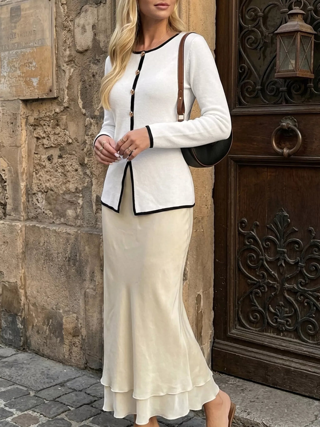 Contrast Trim Button Decor Knit Top