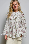 POL Floral Lace Trim Pintuck Button-Down Shirt