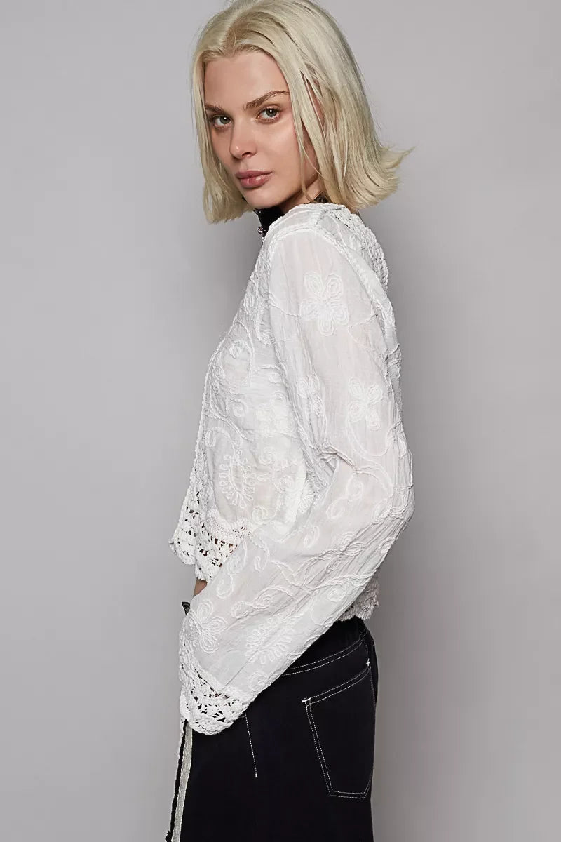 POL Long Sleeve Cropped Crochet Top with Floral Embroidery Detail