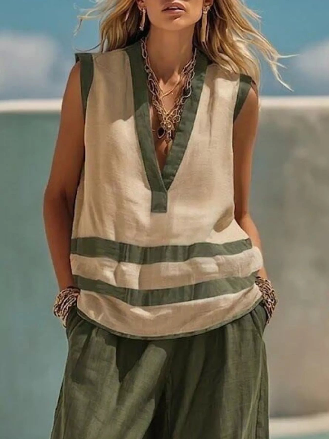 Striped Sleeveless Top and Wide-Leg Pants Set