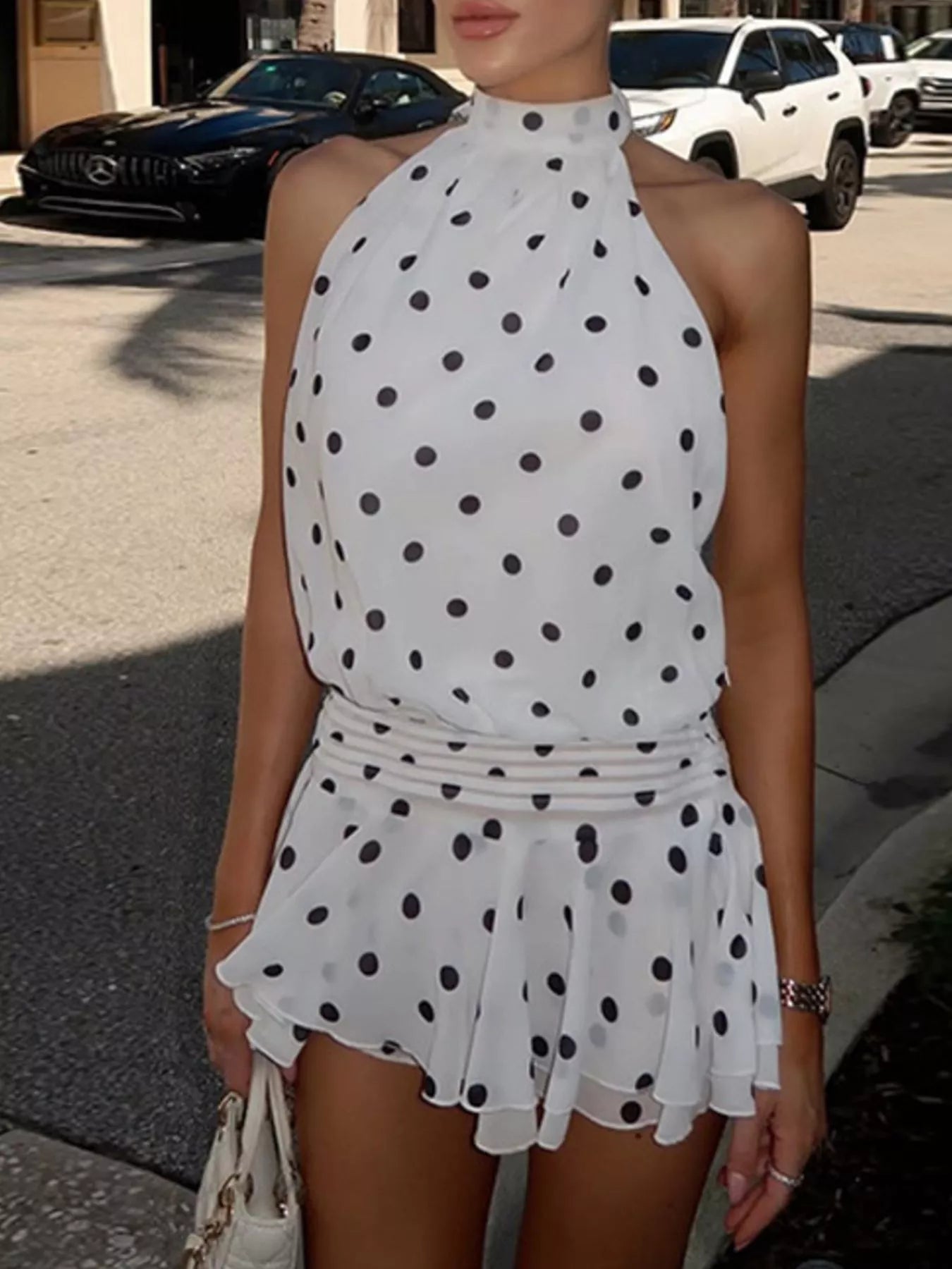 Polka Dot Halter Neck Ruffle Dress