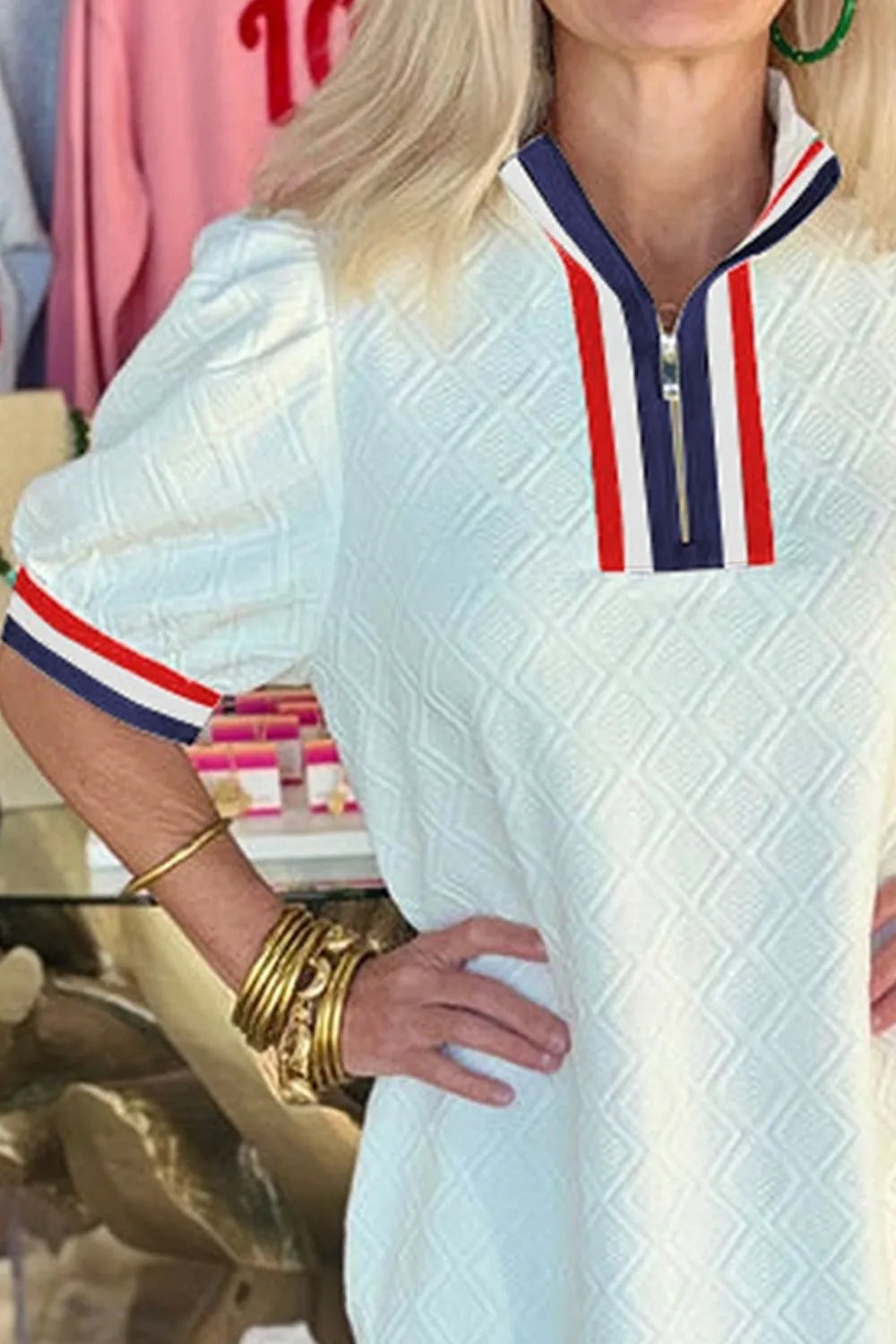 Striped Collared Zip Up Textured Dress