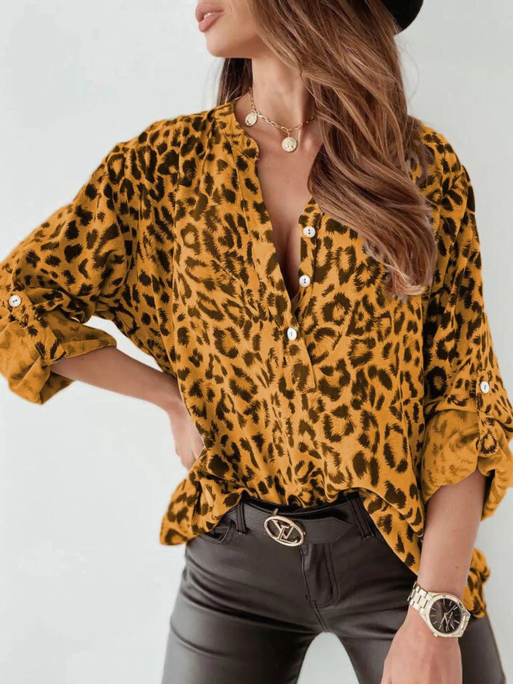 Full Size Leopard Print Roll-Tab Sleeves Blouse Plus Size