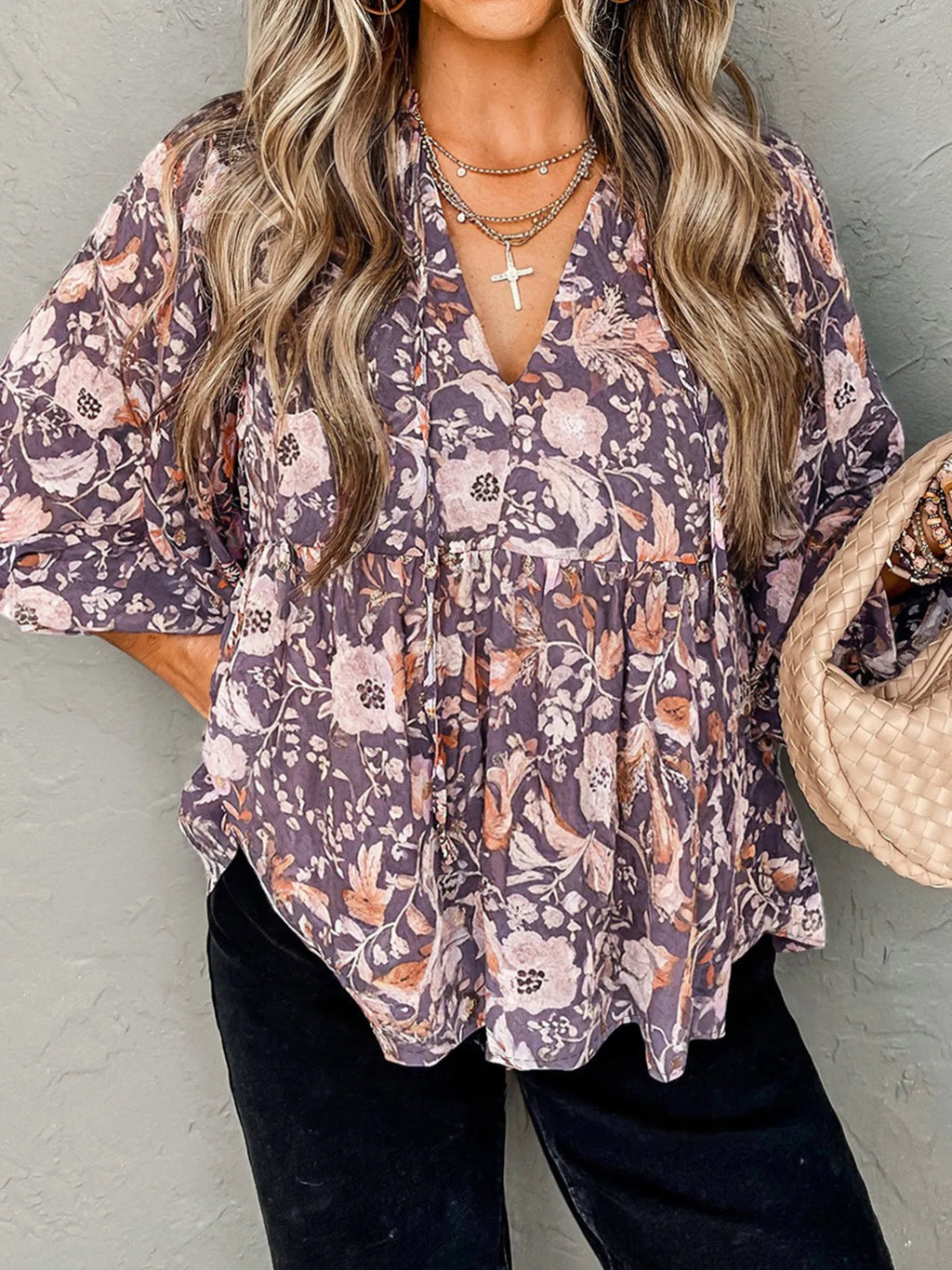 Floral Print Tie Neck Blouse