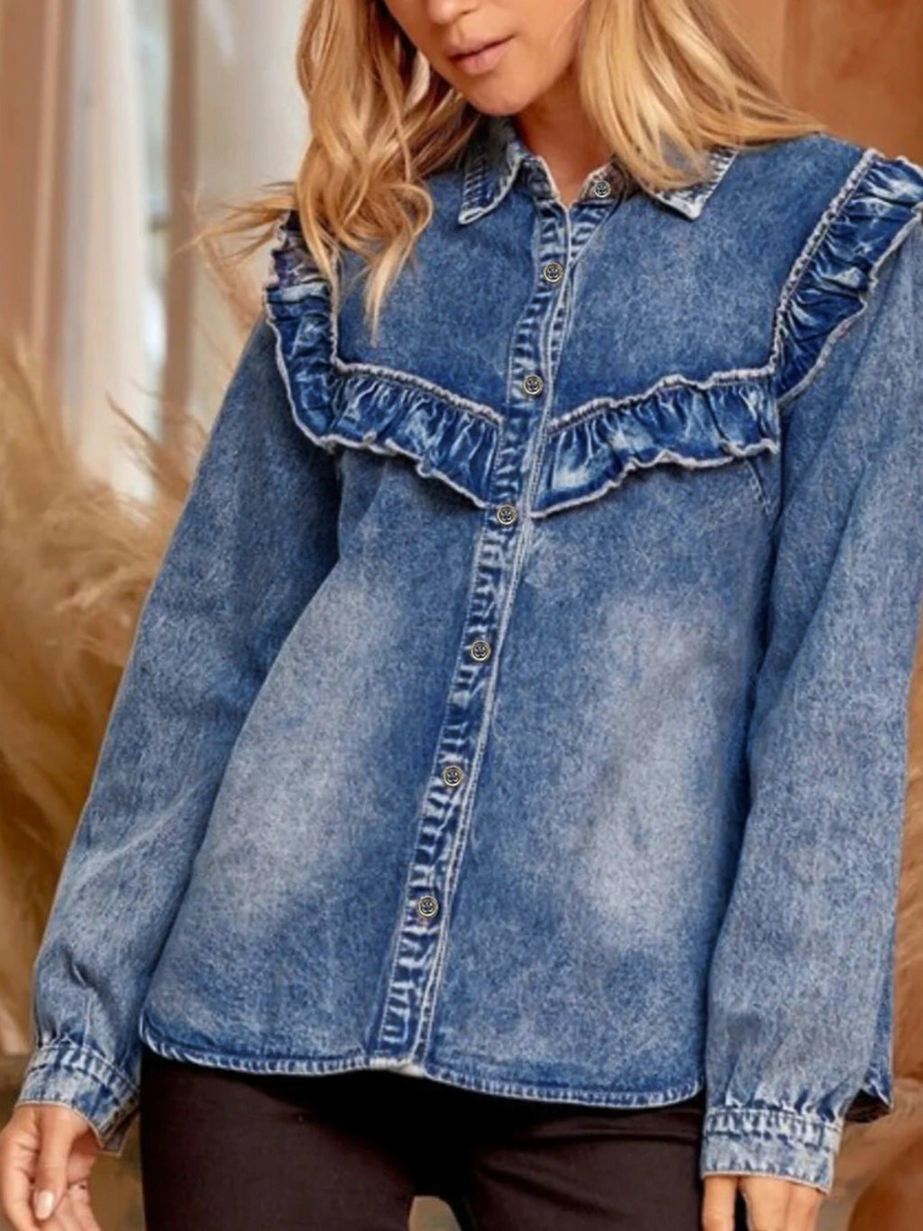 intage Wash Denim Ruffle Detail Button Down Shirt