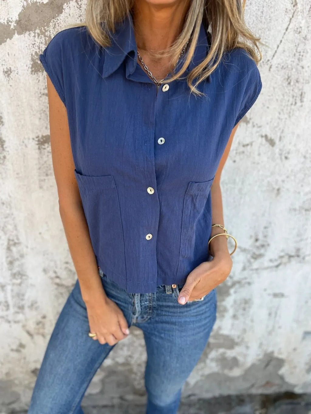 Full Size Textured Button-Front Sleeveless Shirt Plus Size