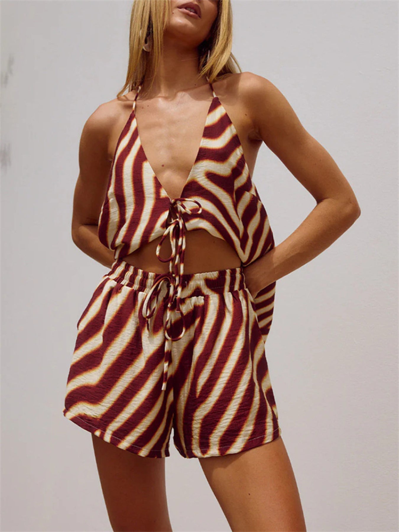 Zebra Print Halter Neck Top and Shorts Set