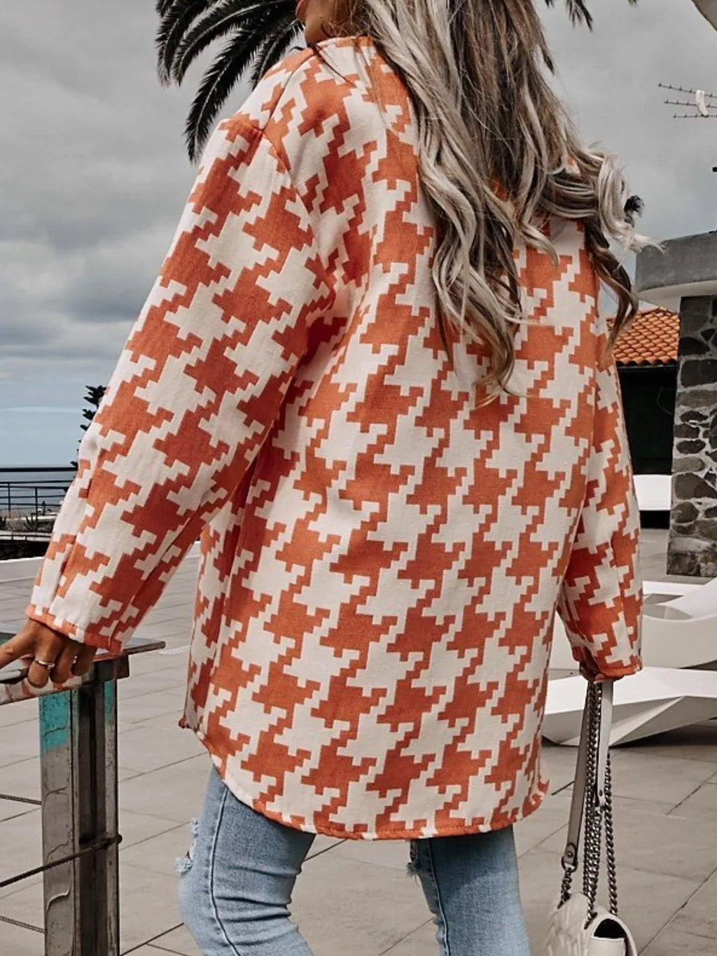 Houndstooth Button Up Long Sleeve Outerwear