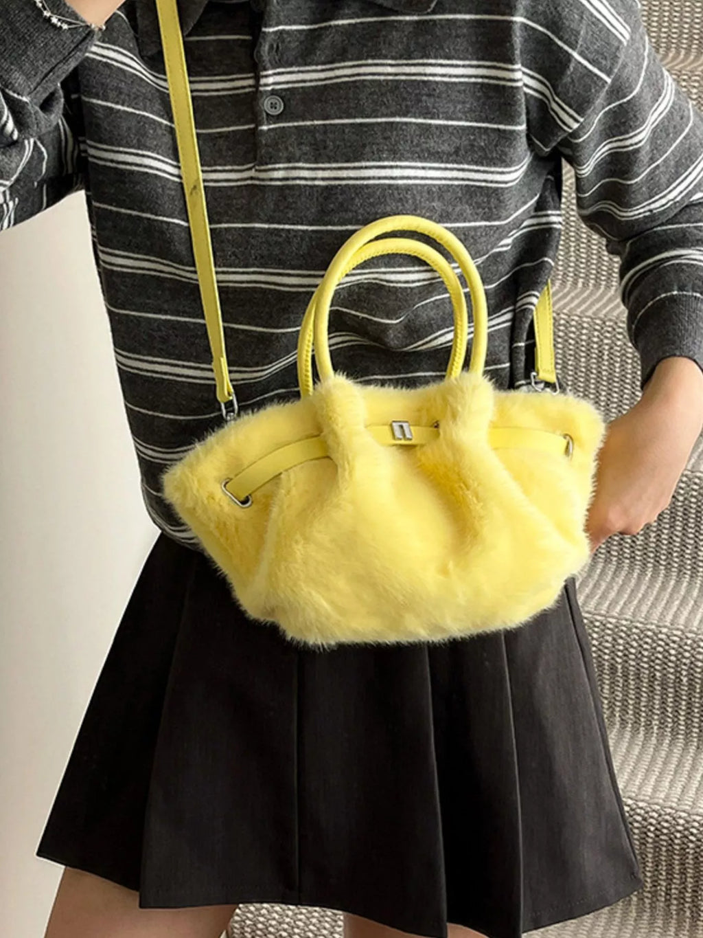 Fluffy Crossbody Bag with Buckle Detail