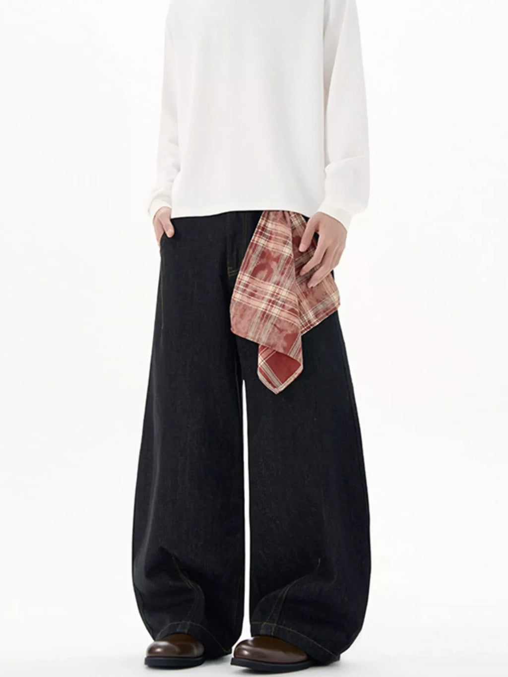 Men's Plus Size Wide Leg Jeans with Detachable Square Scarf