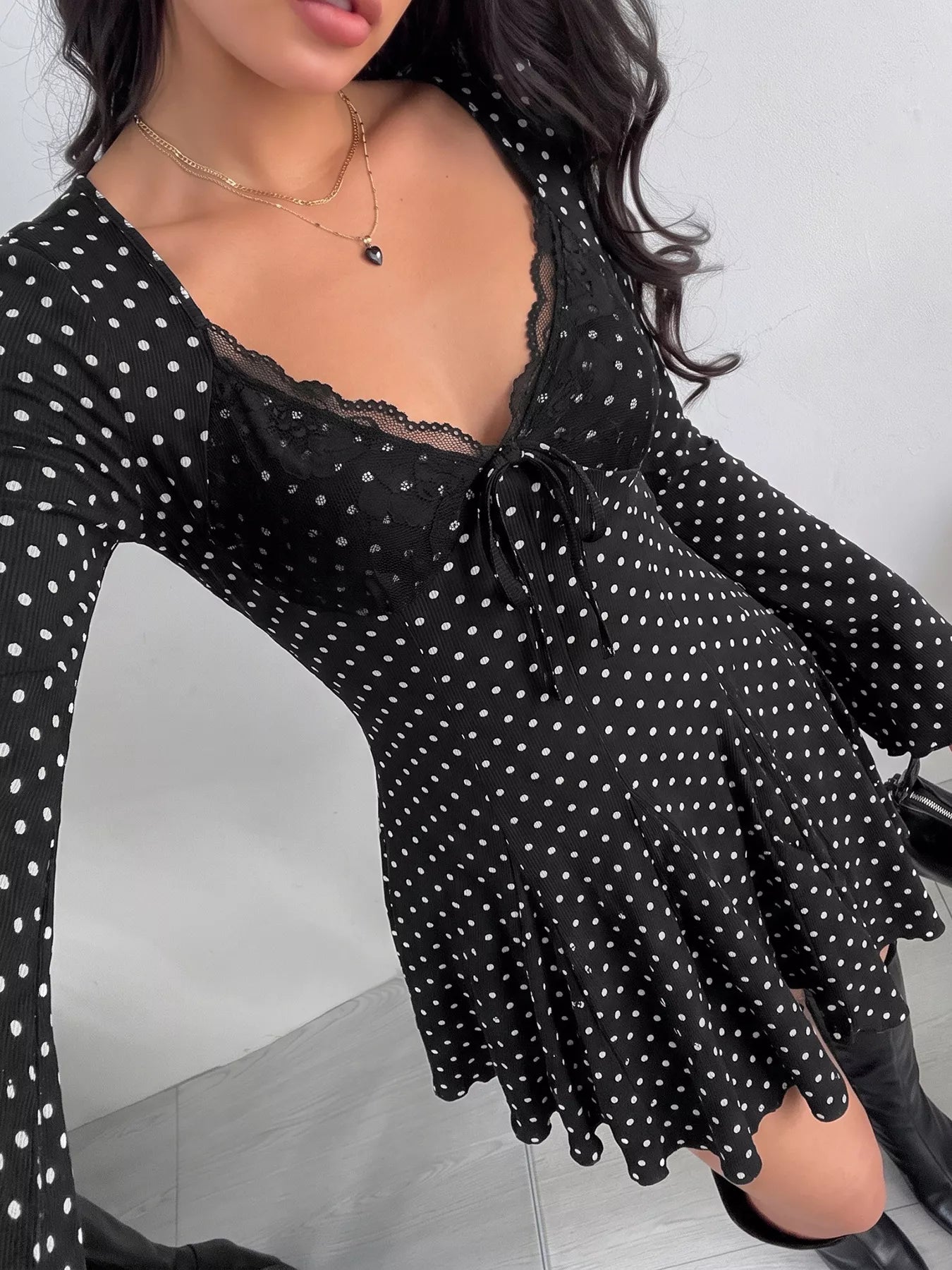 Polka Dot Lace Trimmed V-Neck Mini Dress