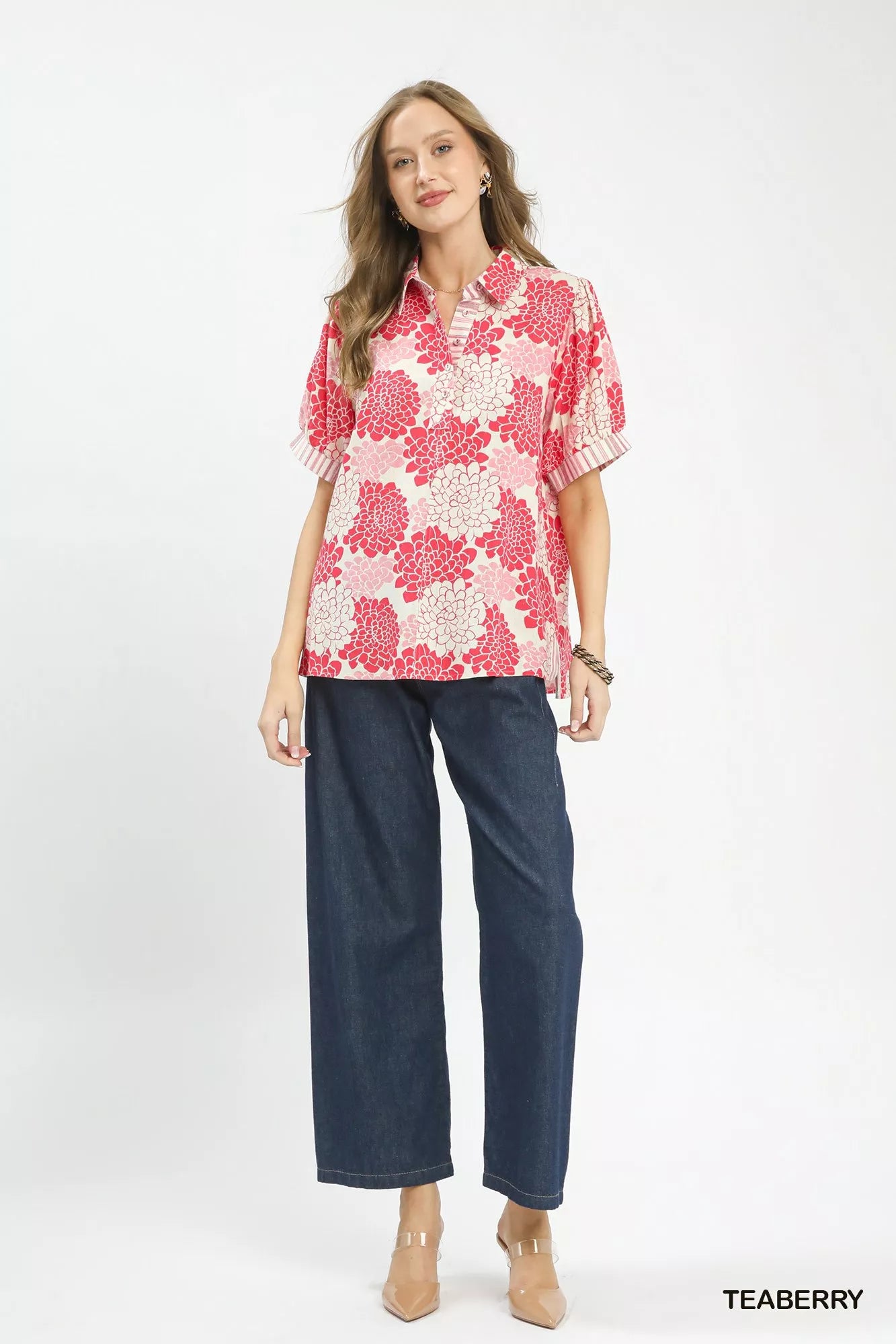 Umgee Floral Collared Short Sleeve Blouse