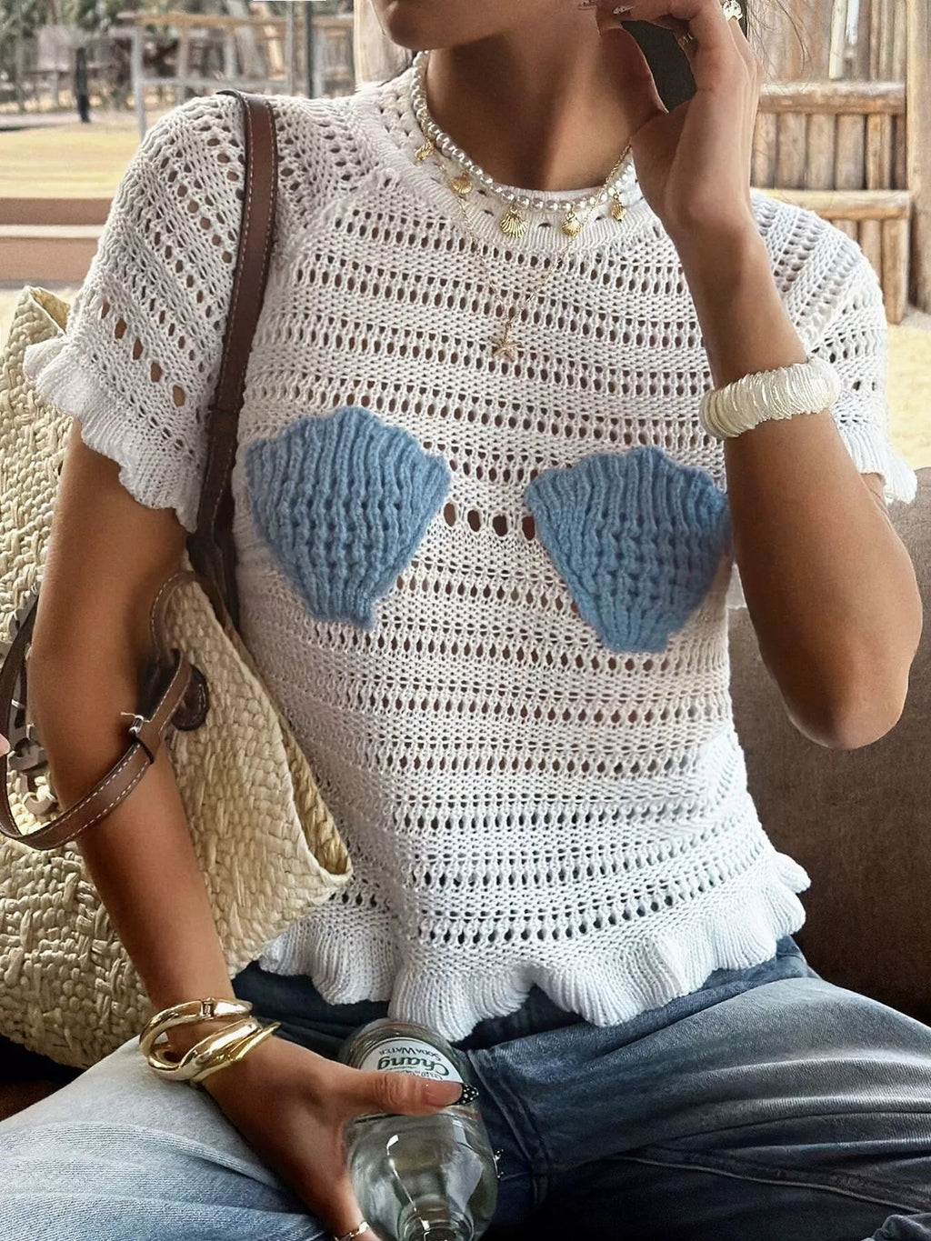 Openwork Ruffled Hem Knit Top