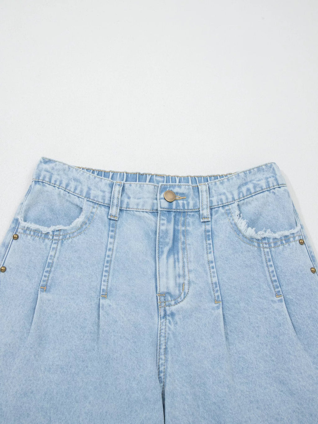 Studded Side Slit Leg Frayed Pocketed Wide Leg Jeans