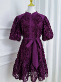 Flower Embellished Puff Sleeve Dress