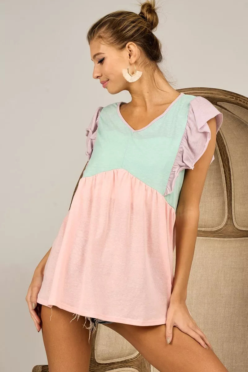 BiBi Triblend Color Block Ruffled Sleeve Babydoll Top