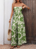 Tropical Print Tie Front Strapless Wide Leg Jumpsuit