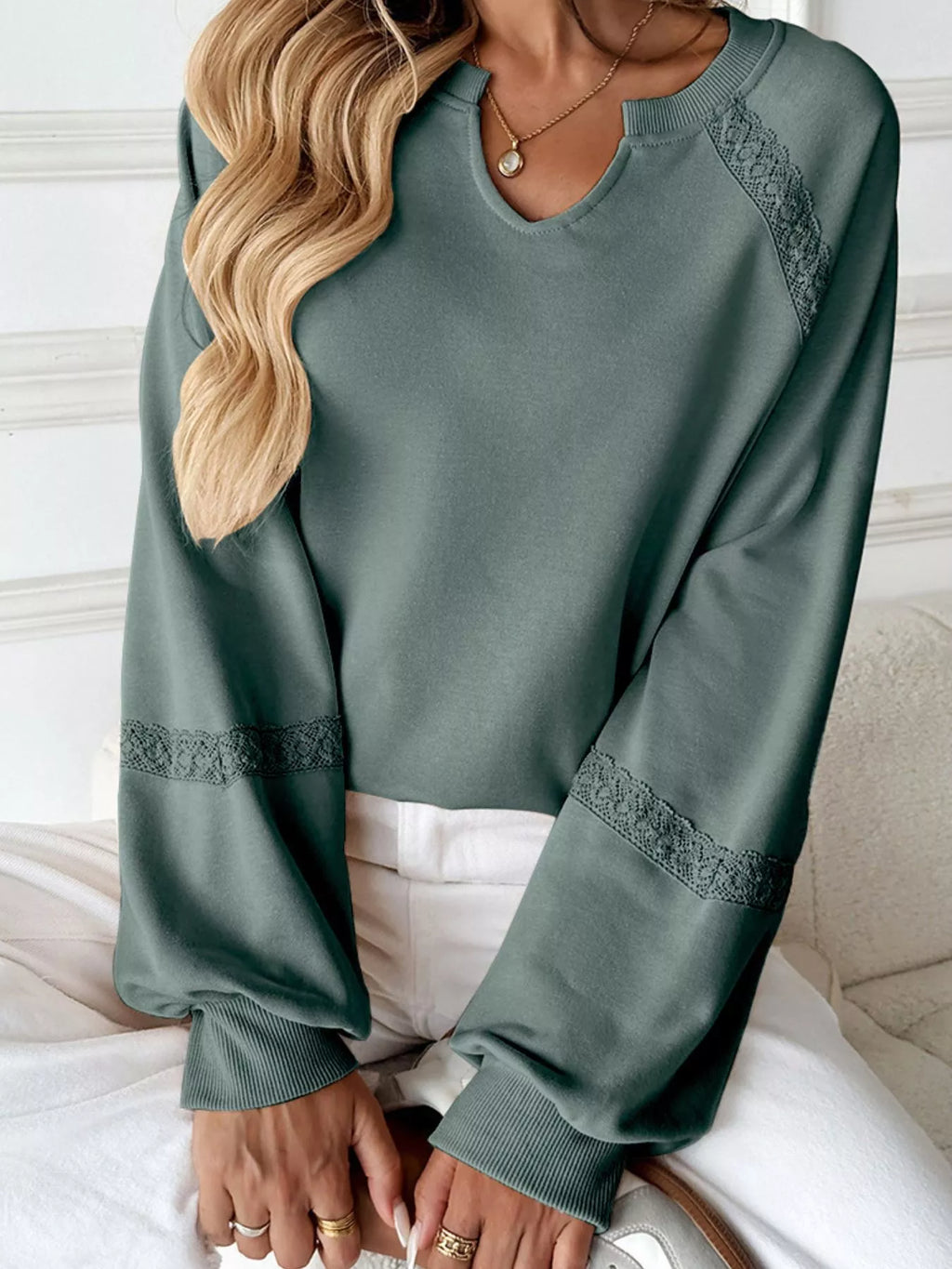 Notched Raglan Sleeve Sweatshirt