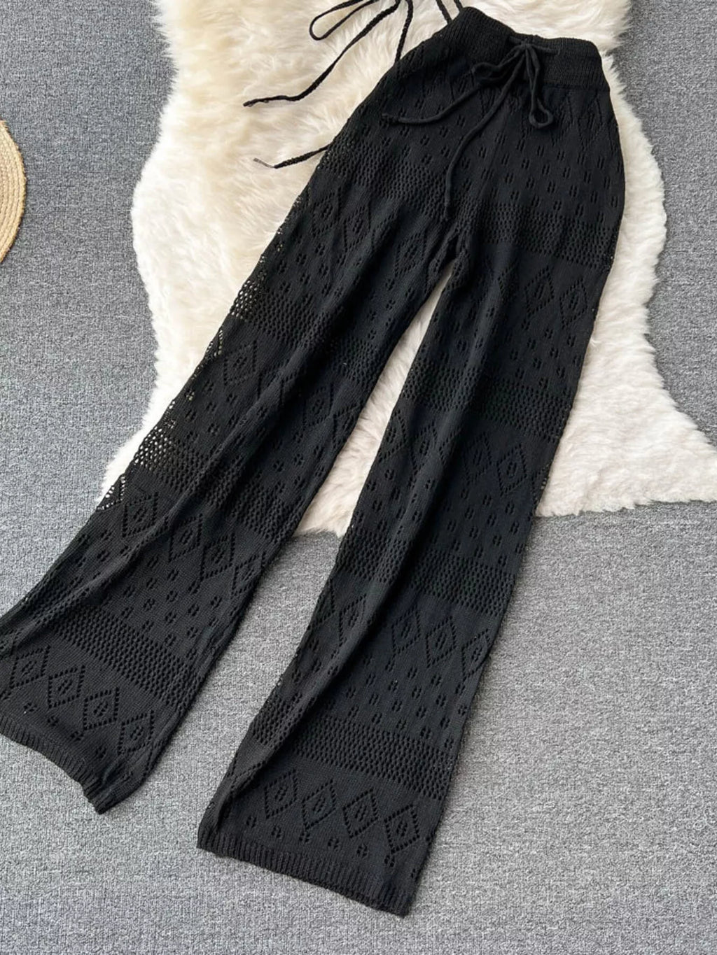 Crochet Knit Halter Neck Top and Wide Leg Pants Set