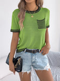 Striped Trim Knit Round Neck Sweater