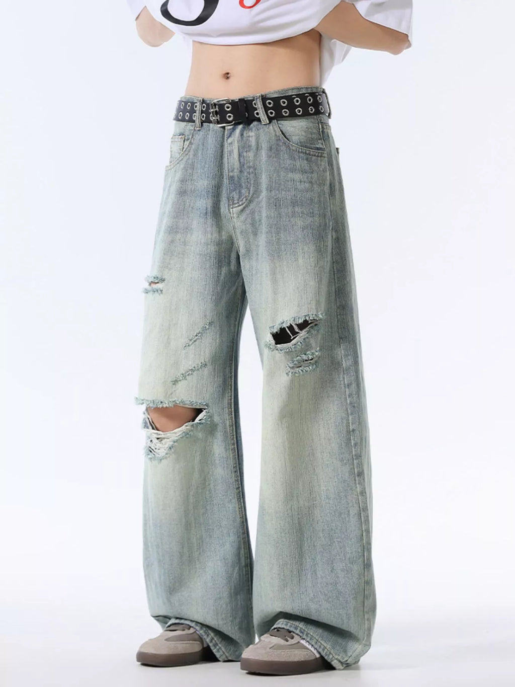 Men's Wash Distressed Wide Leg Jeans
